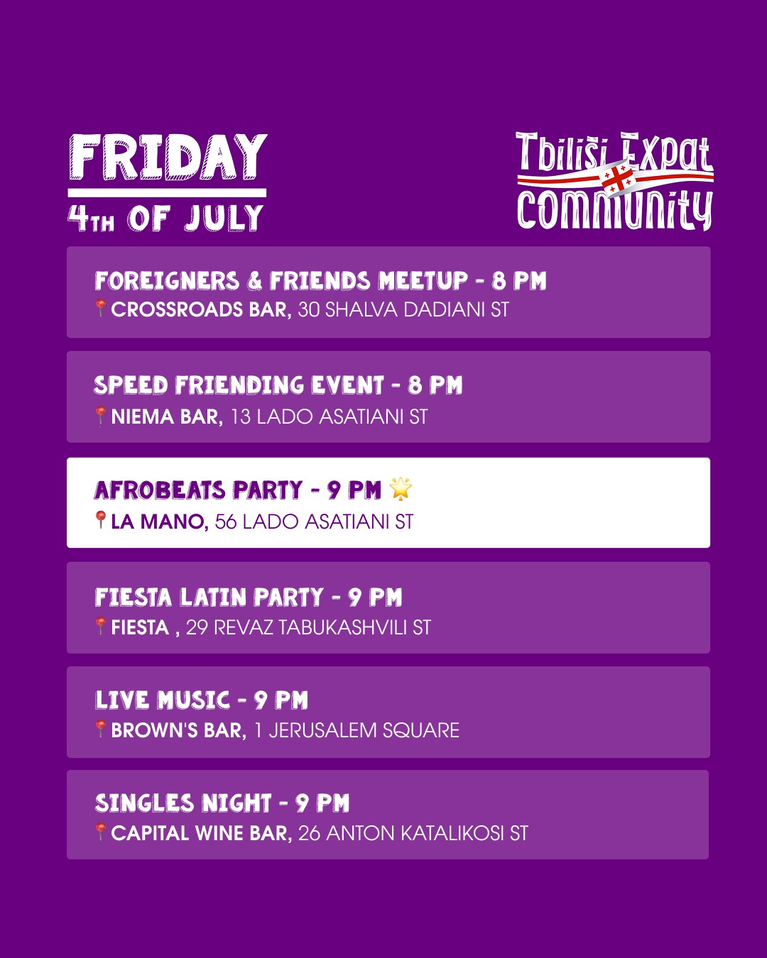 FRIDAY 4th OF JULY Tbilisi Expat Community Foreigners and Friends Meetup