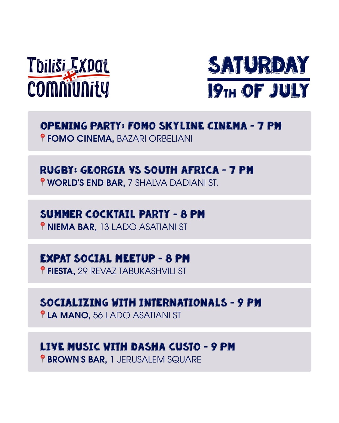 Tbilisi Expat Community Saturday 19th of July Opening Party